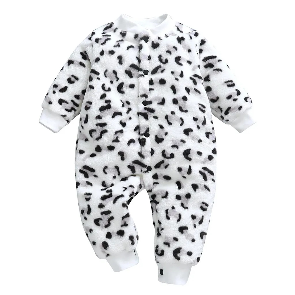 Baby Girls Boys Thick Romper Warm Winter Newborn Infant Baby Cartoon Leopard Fleece Jumpsuit Romper Soft Pajamas Clothes