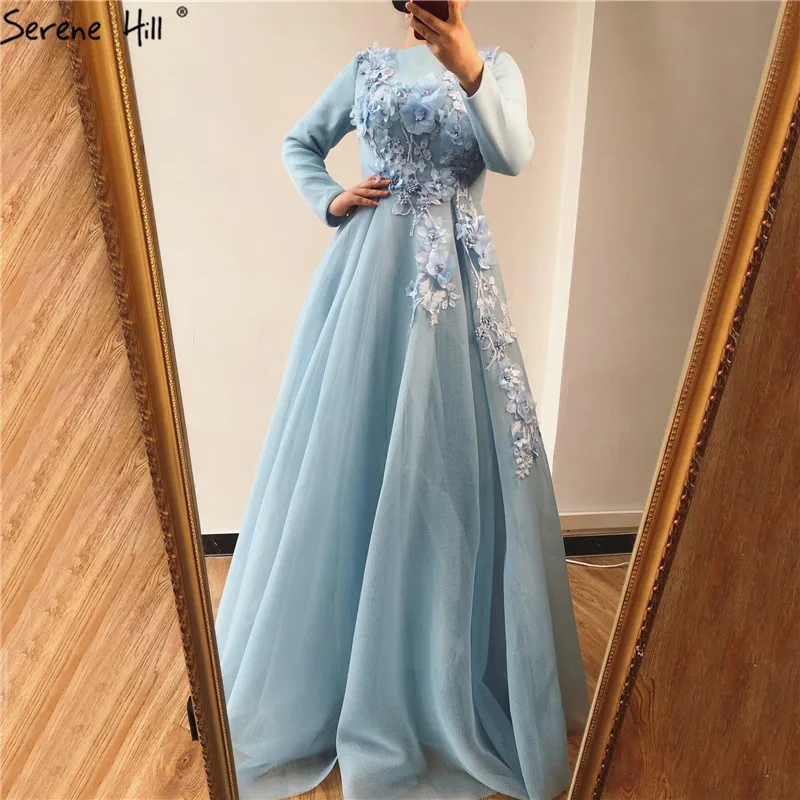 Мусульманские синие вечерние платья с длинными рукавами, дизайнерские вечерние платья ручной работы с цветами и жемчугом, Serene Хилл LA70114