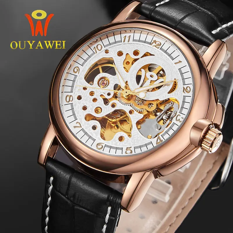Gold Skeleton Men Mechanical Watch OUYAWEI Top Brand Antique Automatic Wind Military Wristwatch Sport Lather Band
