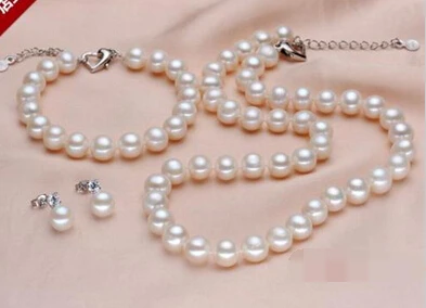 

charm Jew.656 Natural AA+ white 9-10MM Akoya pearl necklaces&bracelets&earring jewelry set (A0423)