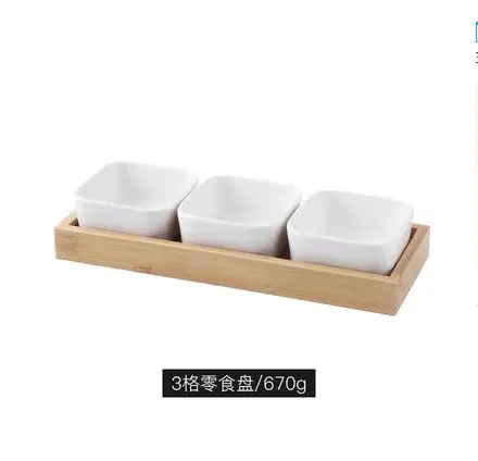 Керамические блюдо для закусок, десерт блюдо, квадратный Ramekin чаши, поднос для сухофруктов, фрукты тарелка, с деревянными поддонами - Цвет: 3 grid  wooden palle