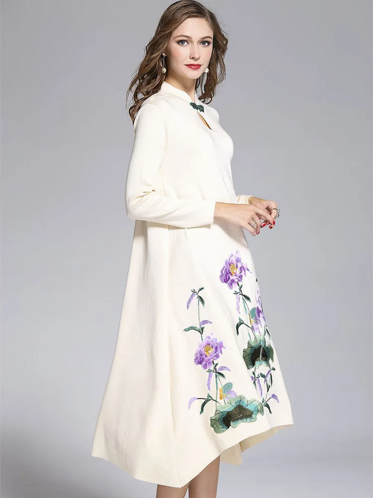 Новое Брендовое модное платье на осень и зиму, вязаное платье-свитер, женское винтажное платье трапециевидной формы с цветочной вышивкой и длинным рукавом XXL