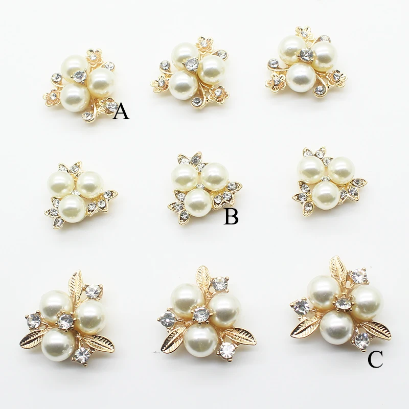 

NEW 10pcs/lot Three Style Flower Pearl Metal Rhinestone Button Crystal for Clothes Scrapbooking Hair DIY Accessories Decorative
