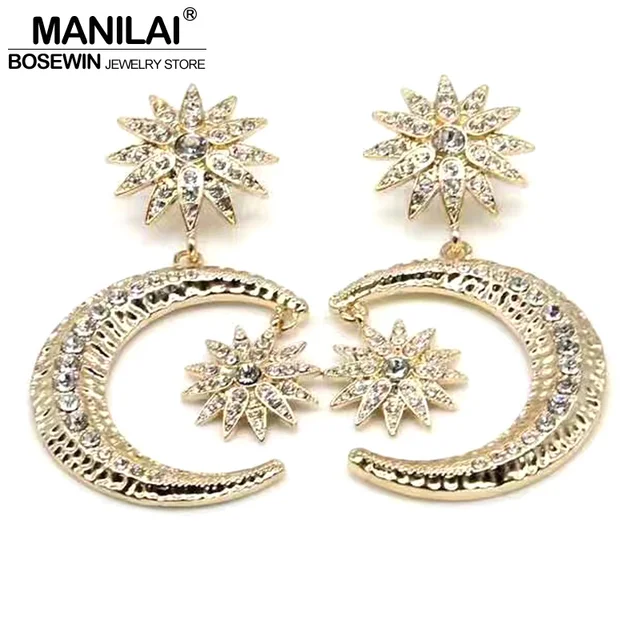Manilai Baroque Gold Color Moon Star Rhinestones Earrings For Manilai Baroque Gold Color Moon Star Rhinestones Earrings For Women New Fashion Accessories Dangle
