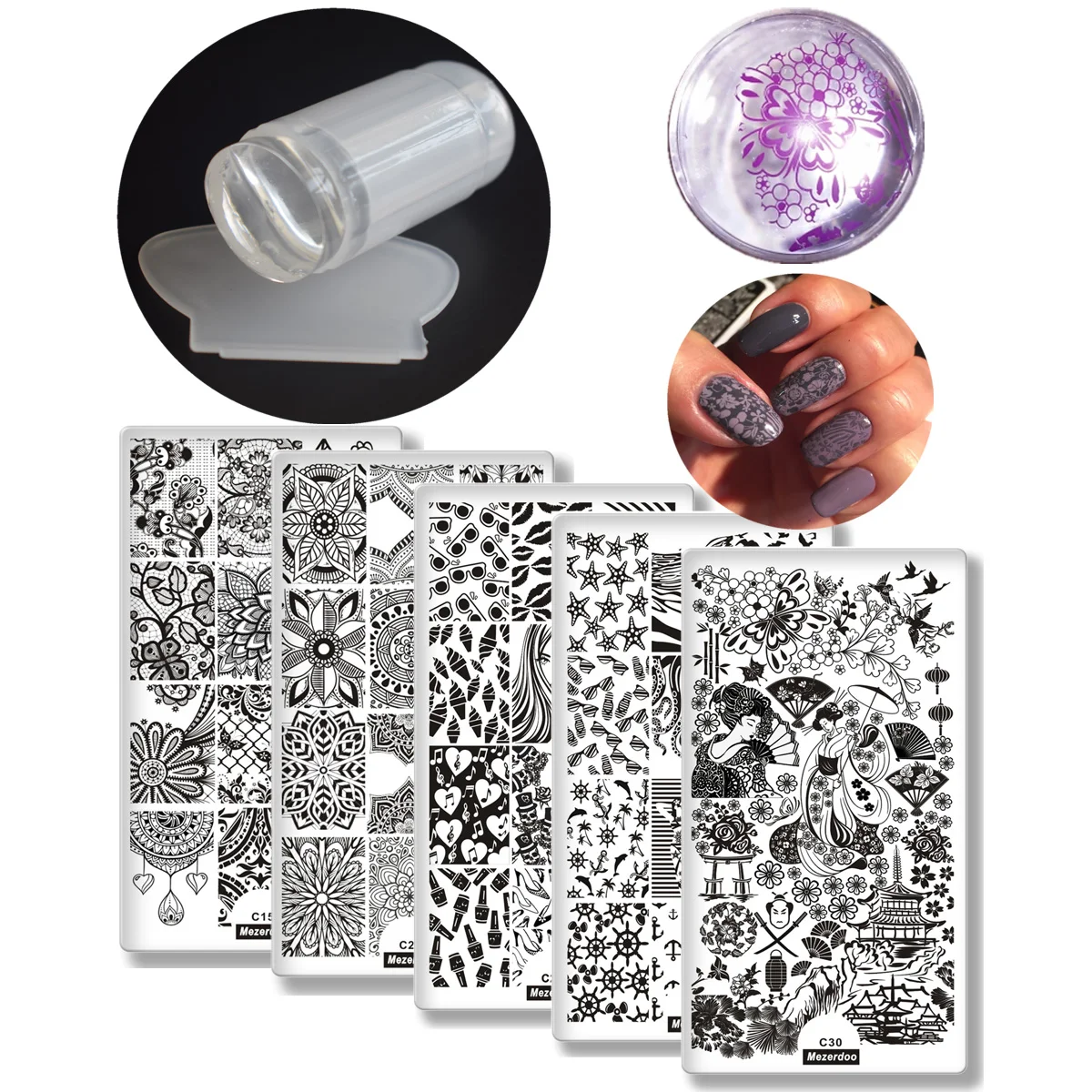 

6Pcs Nail Art Stamping Template Flower Lip Kiss Japanese style Manicure Print DIY Image Plate with 1Pc Stamper Scraper Set Kit