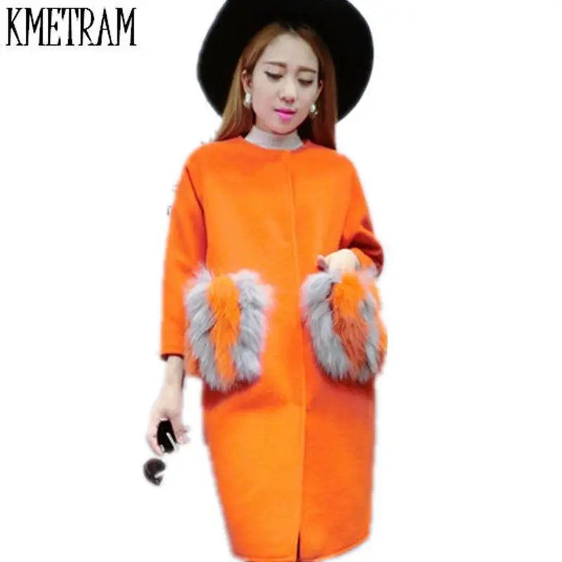 

Spring Autumn 2019 Cashmere Coat with Fur Pockets Woman Wide-waisted Covered Button Three Quarter Woolen Abrigos Mujer CJJ0095