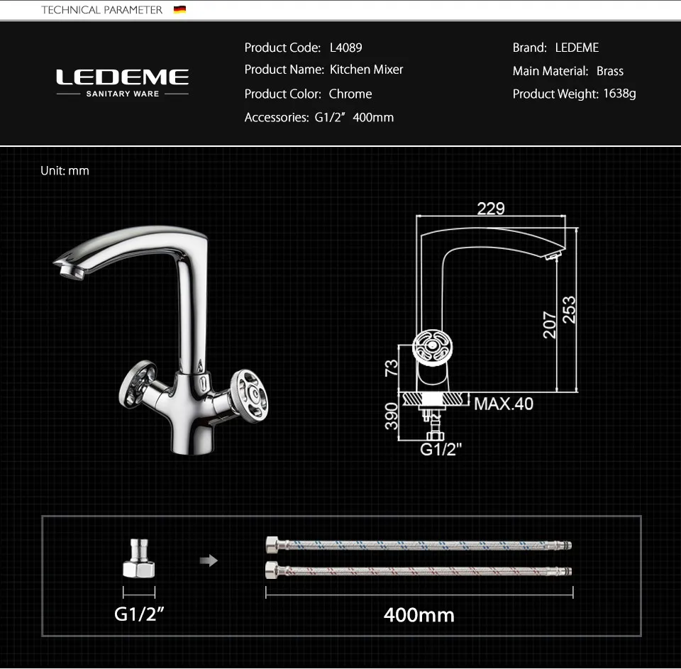 LEDEME Смеситель для кухни латунь Цвет: хром L4089