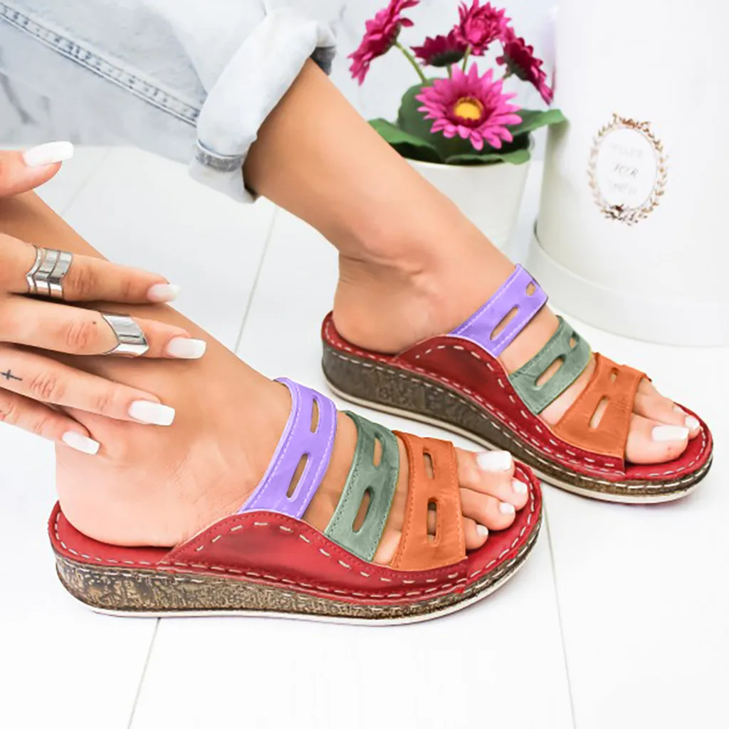Женские шлепанцы; Новинка года; Летние римские сандалии в стиле ретро; разноцветная Повседневная обувь; женские шлёпанцы; женские туфли сандалии - Color: RD