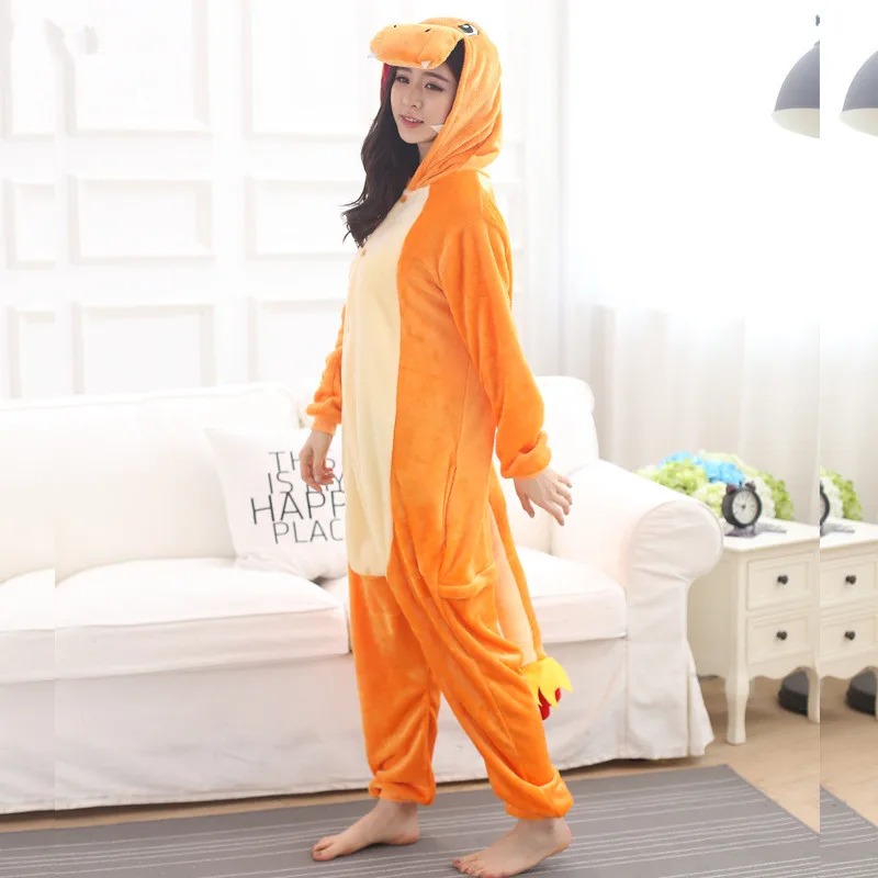 Cute Pokemon Charizard Onesie Adult Pajamas Cartoon Animal Orange Dragon Costume Women Men Party Winter Warm Pyjama Sleepwear (1)