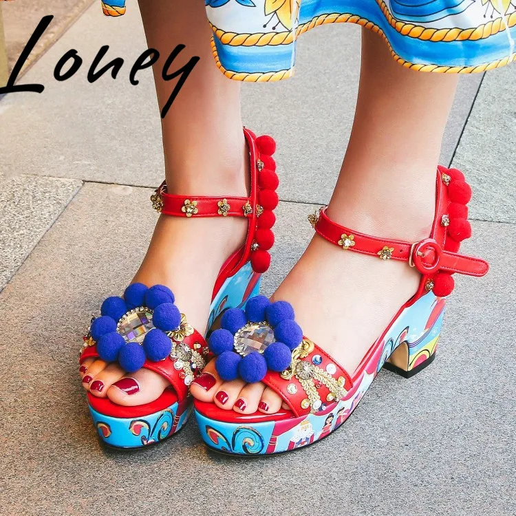 

Loney New Genuine Leather Pom Pom Glitter Deco Summer Sandals Open Toe Buckle Strap Printed Floral Wedges Sandals Shoes Women
