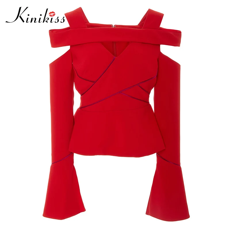Kinikiss Women Stylish Cold Shoulder Blouse Shirts Red Modern Flare Sleeve Shirts  Tops Autumn Fashion Elegant Slim Tops Blouses - Blouses u0026 Shirts -  AliExpress