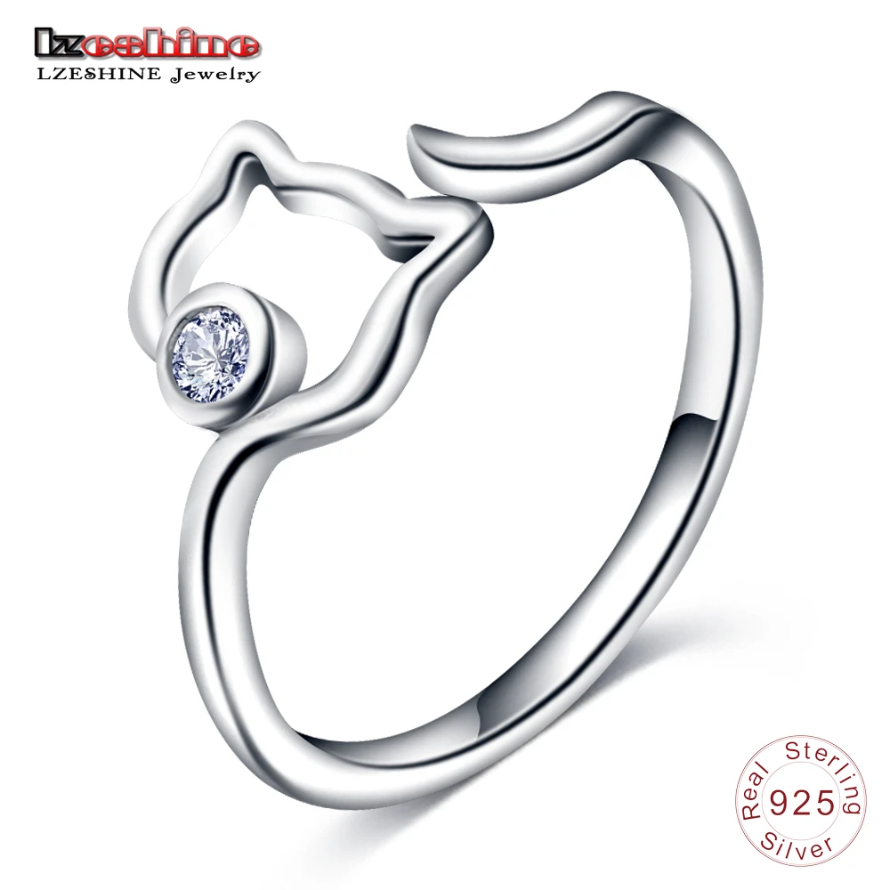 

LZESHINE New 925 Sterling Silver Cute Cat Finger Rings For Women Silver Jewelry Adjustable Size Open Ring With Clear CZ anillo