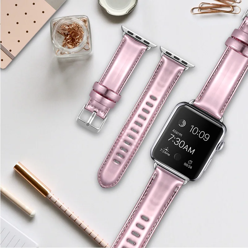 

Bright Pink Leather Straps for Apple Watch Band 42mm 38mm 44mm 40mm Bands Leather Bracelet for iWatch 4 3 2 1 44mm Band Strap