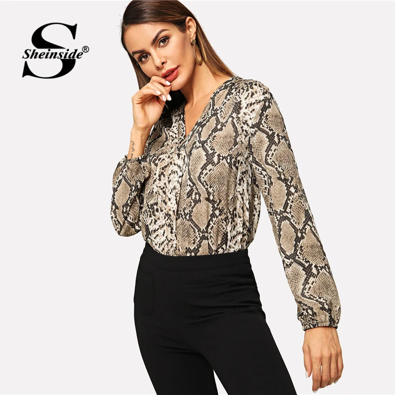  Sheinside V Neck Snake Skin Print Top Long Sleeve Elegant Blouse Women Shirts Casual Ladies Tops An