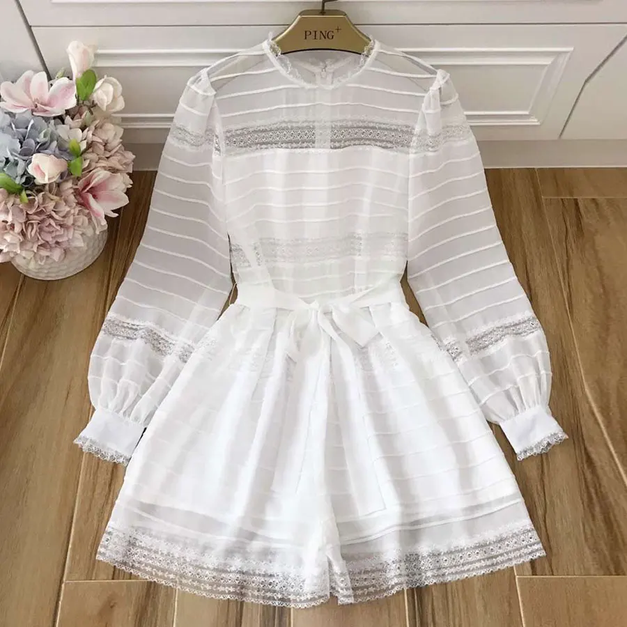 

Red RoosaRosee 2019 New Design Summer Designer Lace Patchwork Playsuits Women Noble Lantern Sleeve White Silk Vocation Jumpsuits