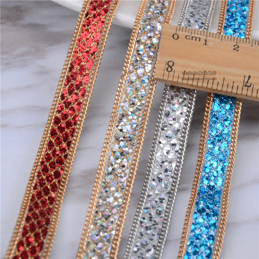 

4Yards Rhinestons Sequined Trim Iron On Crystal Ribbon Chain Wrap Trim Sewing Accessories DIY Wedding Cake Party Decor Red Blue