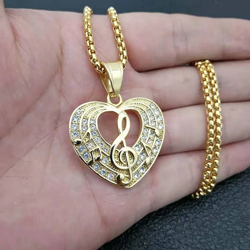

Hip Hop Rhinestones Bling Iced Out Gold Stainless Steel Musical Note Heart Shape Pendants Necklace for Women Men Rapper Jewelry