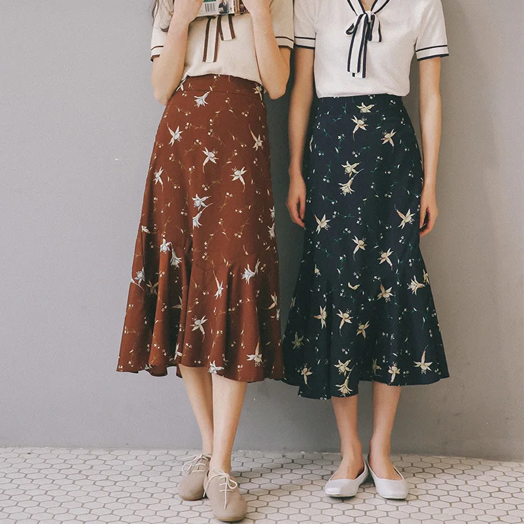 Длинная шифоновая юбка, лето, японский стиль, винтажный цветочный принт, высокая талия, оборки, юбка русалки, женская юбка, saia longa B171