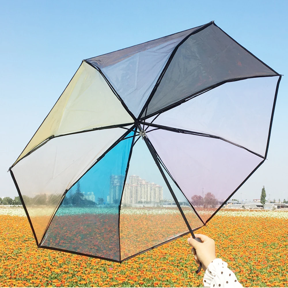 

Folding Rainbow Transparent Umbrellas Plastic Automatic Girls Umbrella Guarda Chuva Transparente 3 Fold Umbrella Rain Women