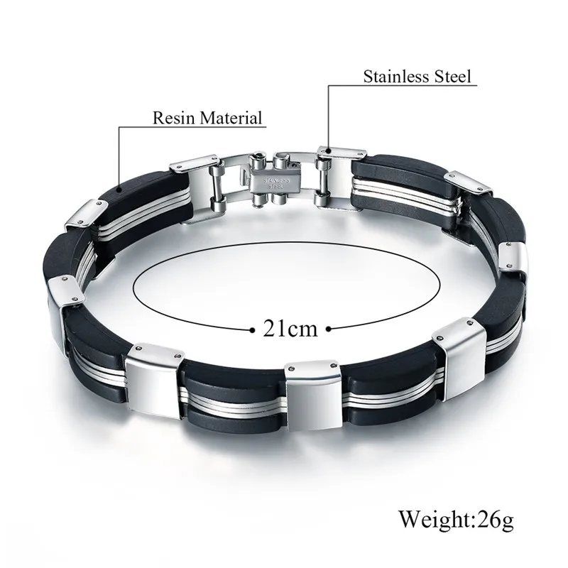 Простые мужские серебряные браслеты-цепочки из нержавеющей стали, мужские браслеты-манжеты, черный силиконовый браслет, ювелирные изделия для рук