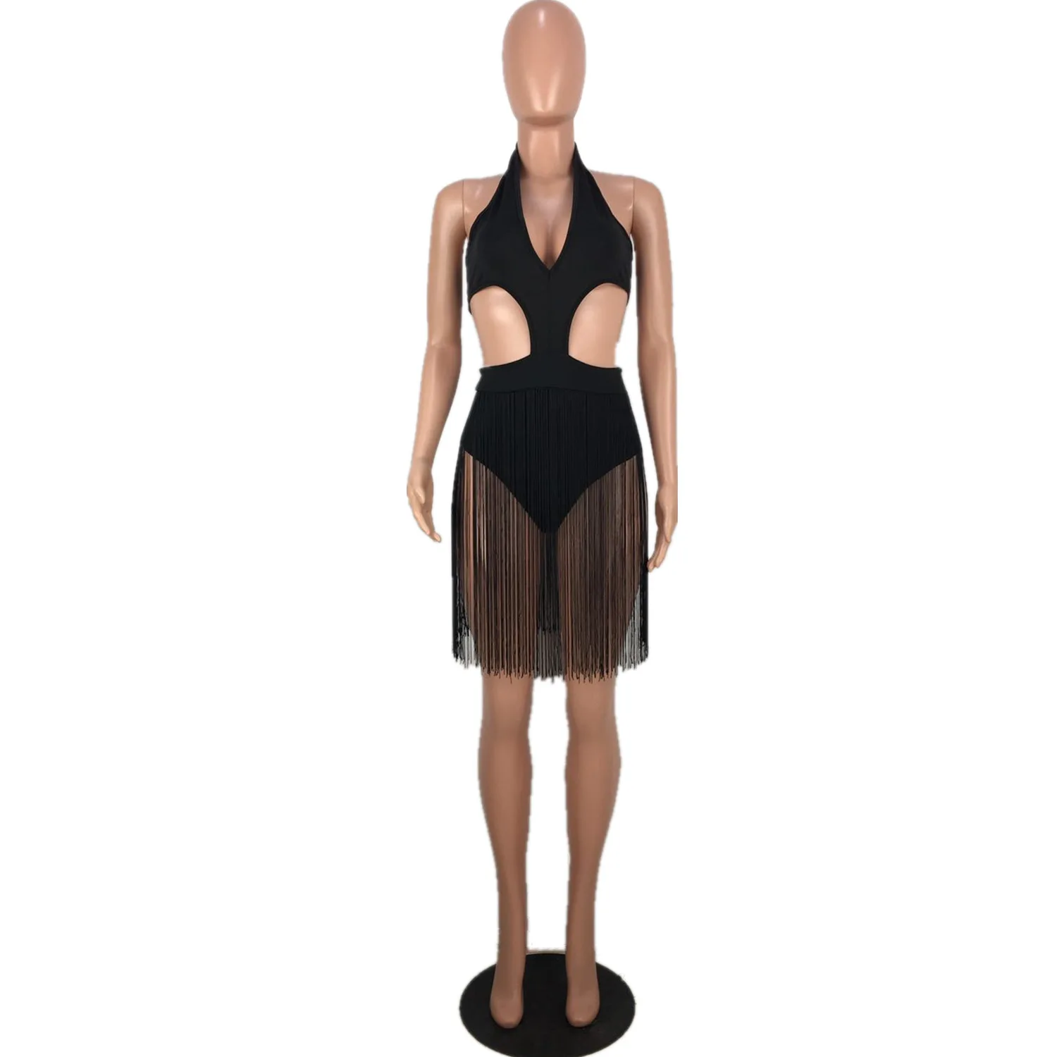 Новые женские летние без рукавов Холтер v-образным вырезом с вырезами кисточкой сплайсинга сексуальный Bodycon пляжный боди костюм L5060