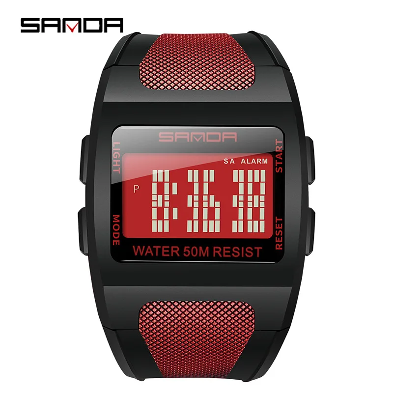SANDA креативные СВЕТОДИОДНЫЕ Цифровые спортивные часы мужские водонепроницаемые военные часы для отдыха на открытом воздухе студенческие часы с будильником Relogio Masculino - Цвет: Red