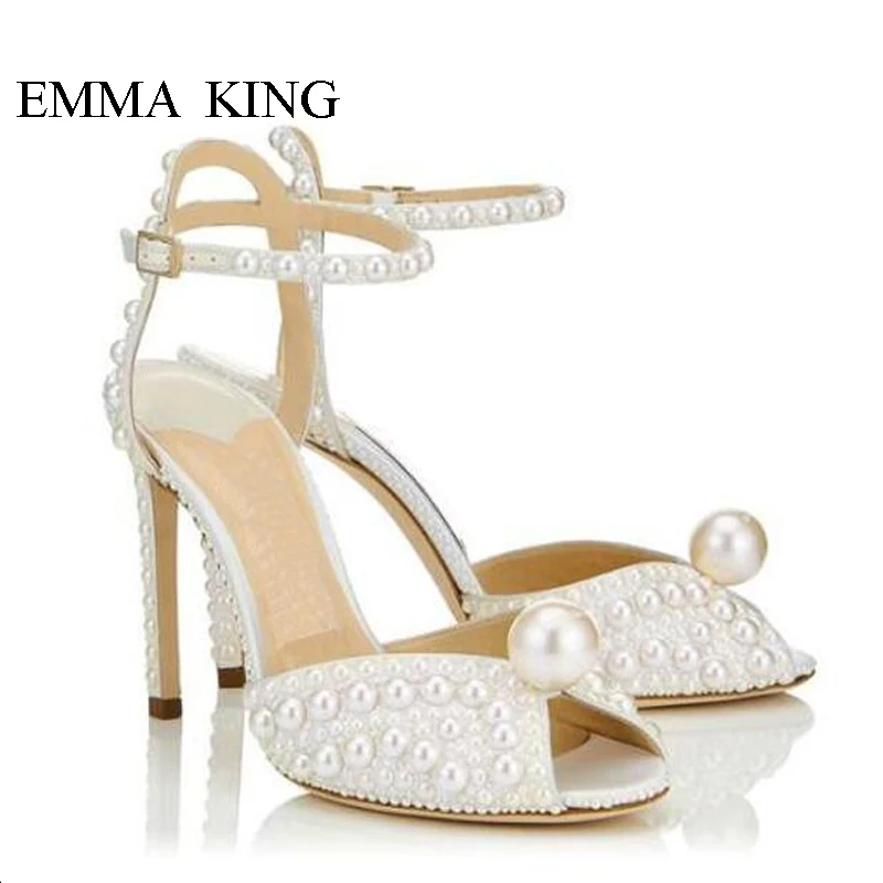 

Elegant Women Pearls Sandals Summer Buckle Strap Peep Toe Thin High Heels Luxury Party Wedding Shoes Woman Talons Femme Sandale