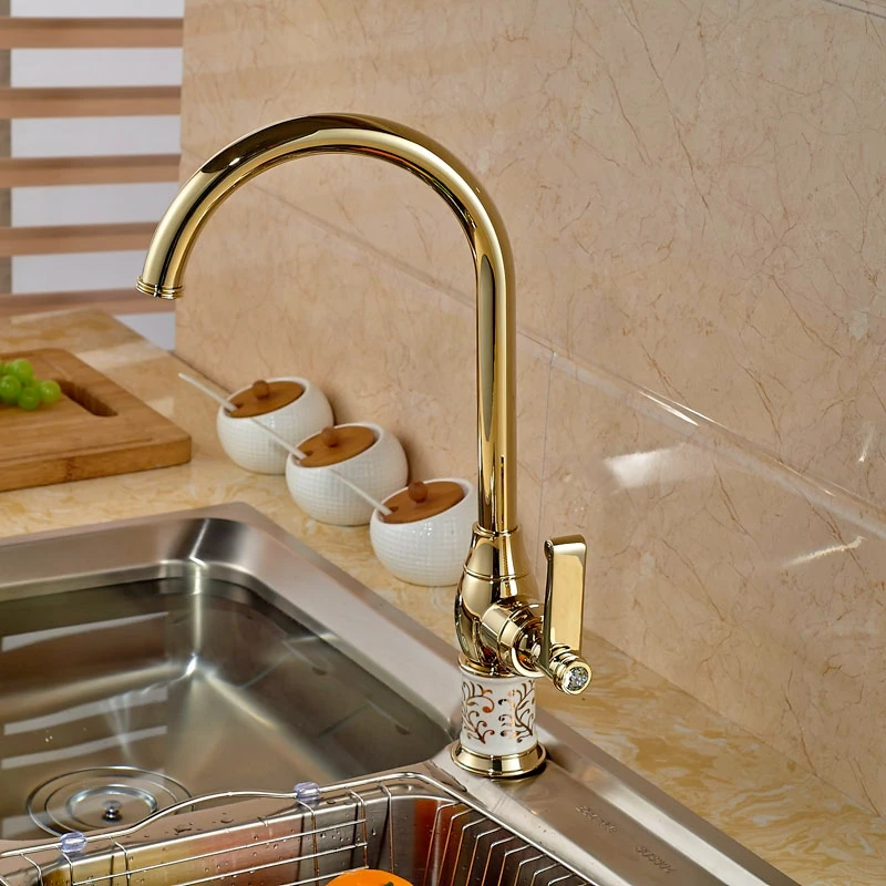 

Golden Finish Kitchen Faucet Deck Mounted Tap Single Lever Hot&Cold Faucet Swivel Spout