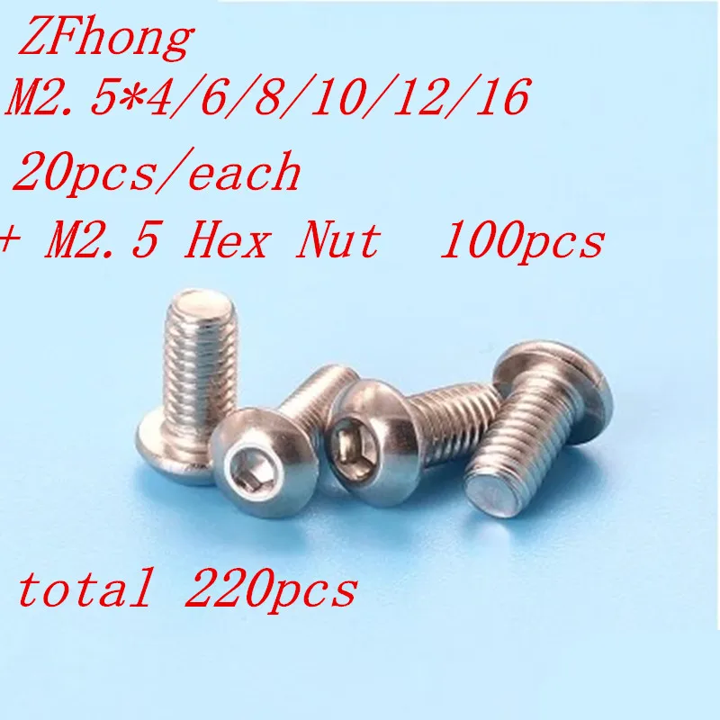 

220pcs M2.5*4 to 16mm A2 stainless steel ISO7380 Button Head Allen Bolts Hexagon Socket Screws With Nuts Assortment Kit