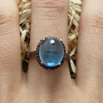 

FLZB,Trendy ring big natural blue topaz ov10*12mm 7.0ct with small garnet in 925 sterling silver classic trendy ring for women