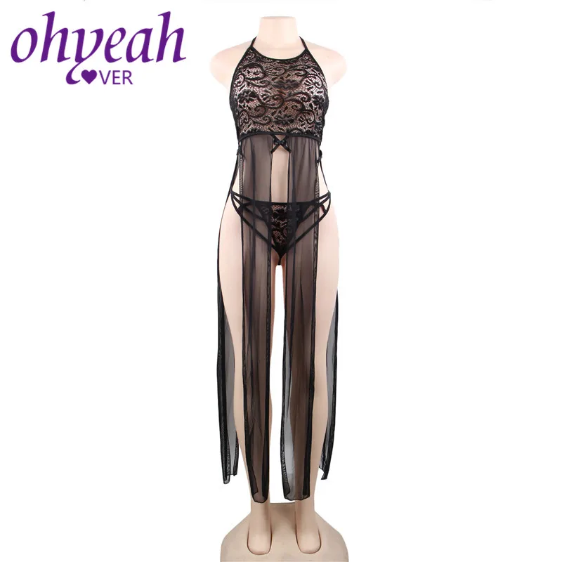 Ohyeahlover Sexy Long Lingerie Dress Babydolls Hollow Out Erotic Costumes Lace Women Dress For Sex Plus Size Split Gown RM80666