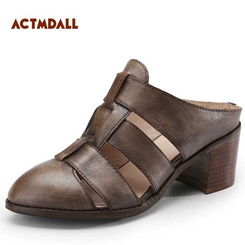 

Genuine Leather Women Slippers High Heels Handmade Leather Women Summer Shoes Pointed Toe