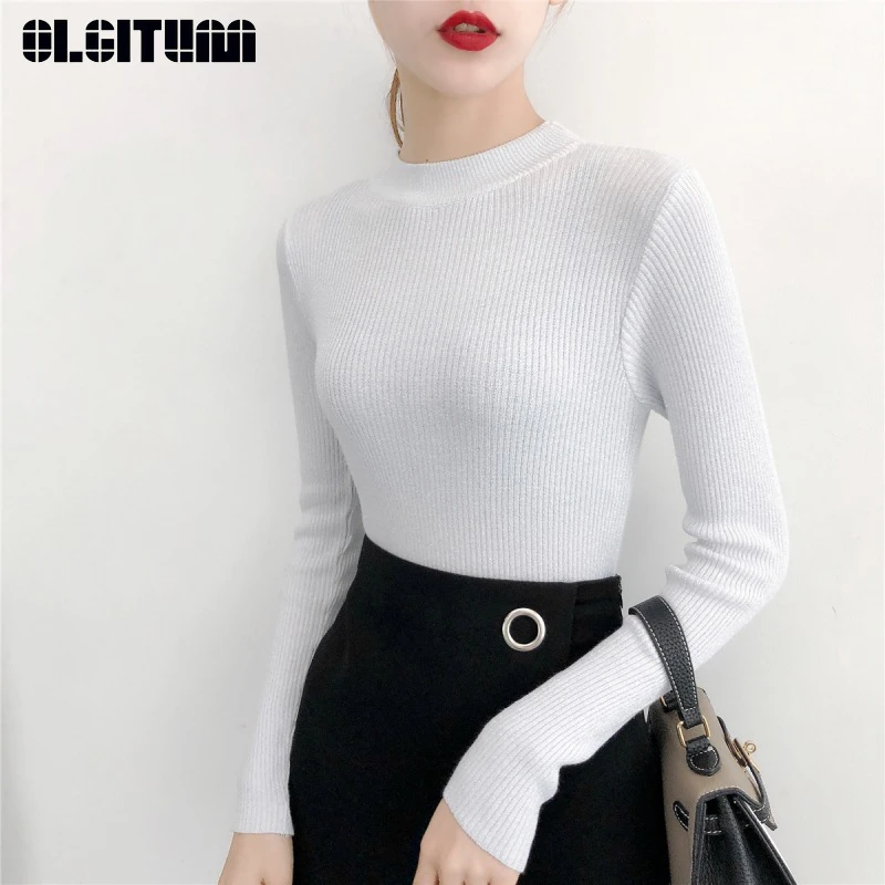 

Bright Sewing Elegant Female Sweater 2018 Autumn/Winter Slim Half-high Collar Solid Women Pullover Long-sleeved High Quality