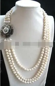 

3rows 9mm white freshwater pearl round and black shell flower necklace 18-20"nature