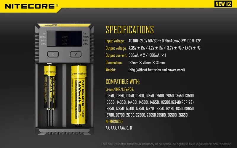 Портативный Освещение интимные аксессуары Intelligent Nitecore i2 18650 батарея зарядное устройство с код проверки