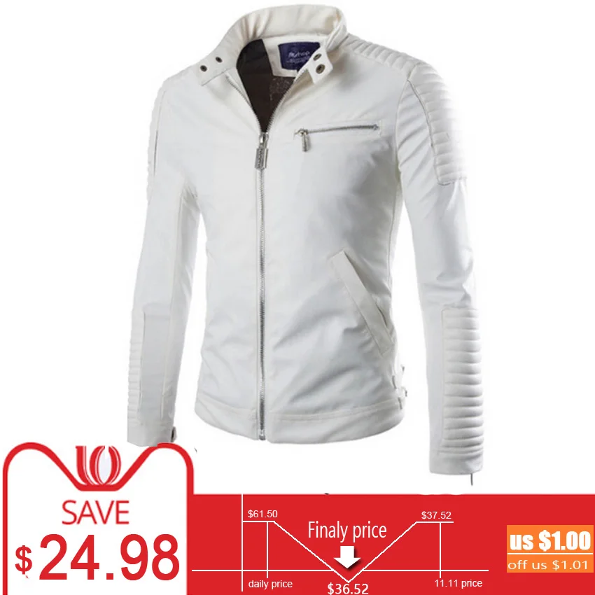 

White Mens Leather Jacket Motorcycle Quilted Stand Collar Slim Skin Jacket Men Winter Windbreaker Biker Suede Coats Brand