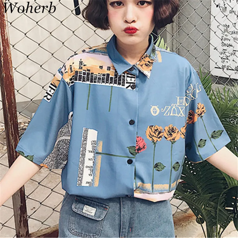 

Woherb 2019 New Arrival Rose Printed Women Fashion Shirts Short Sleeve Turn-down Collar Female Single Breasted Blusas 74871