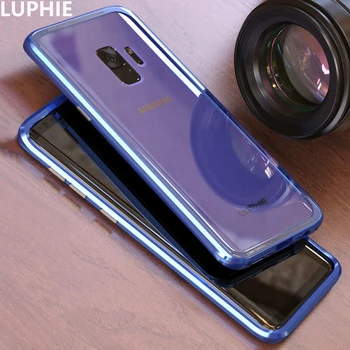 

For Samsung S9 Plus Cover Case Luxury Slim Hard Aluminum Alloy Frame Transparent Tempered Glass Back Protective Phone Case Cover