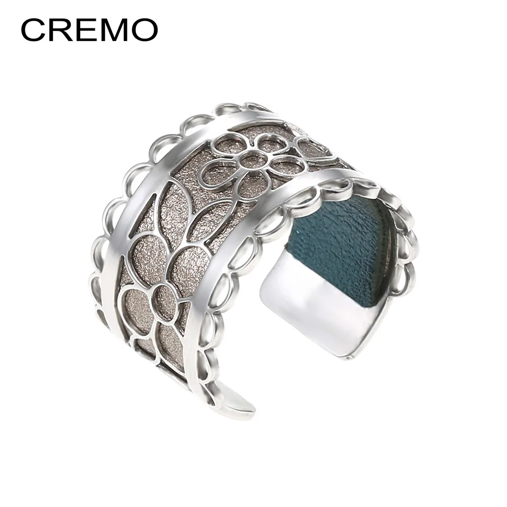 

Cremo Fashion Argent Open Flower rings For Women Bijoux homme stainless steel Resizable rings Reversible Leather Bague Femme