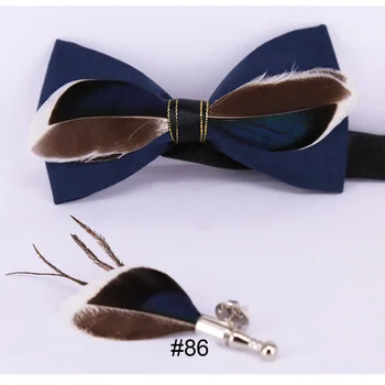 

Hot Design Men Natural Bird Feather Bowtie Set Fashion Butterfly Bow Tie with Pocket Brooch Pin for Wedding Concert