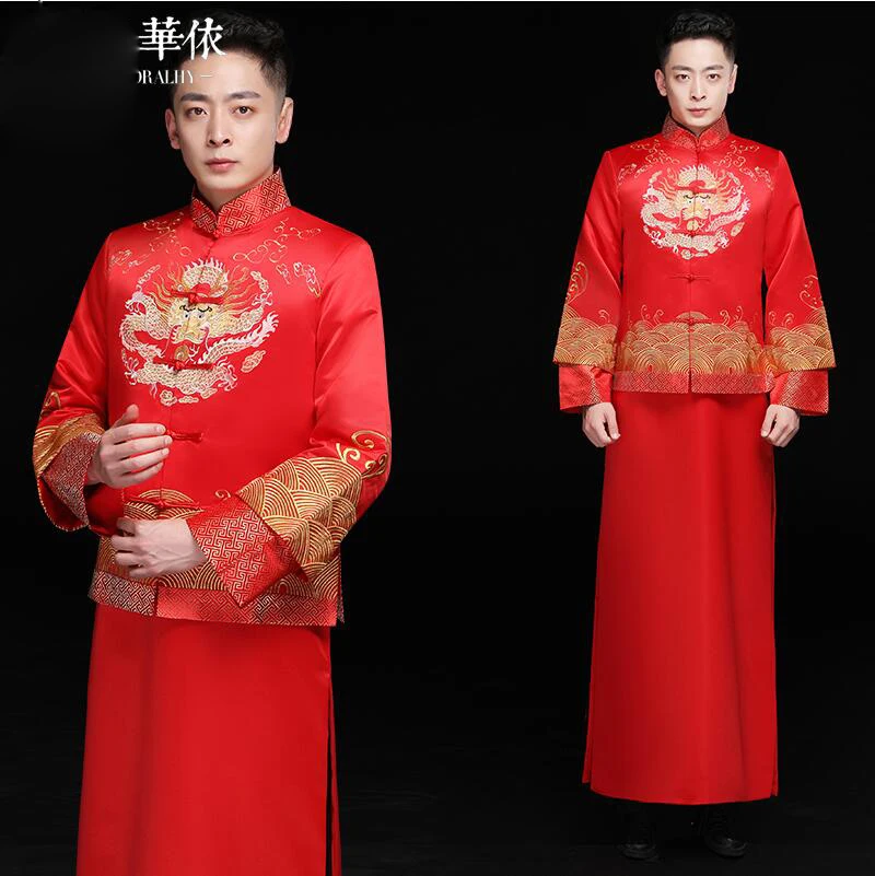 Для мужчин костюм show красный китайский стиль винтаж Костюмы Мужской Свободные жениха дракон платье мандарин куртка вышитые Дракона Костюм