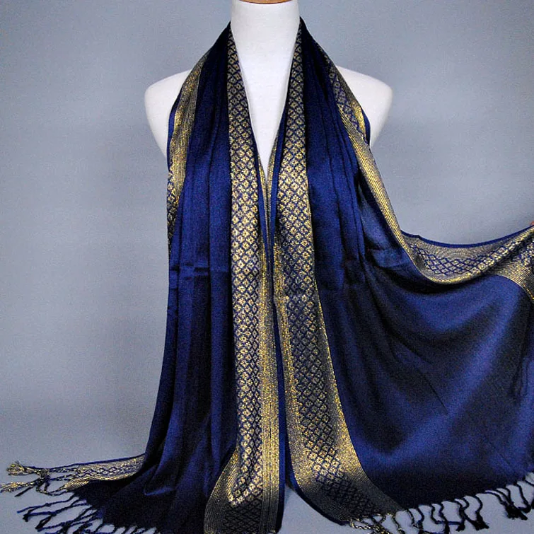Модный золотой шелковый шарф, женский длинный большой шарф с кисточками, мигающий Многоцветный мусульманский шарф, хиджаб,, Прямая поставка