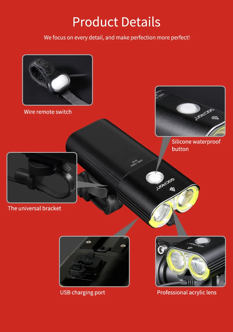 Велосипедный светильник GACIRON, заряжаемый от USB, велосипедный передний головной светильник, велосипедный флэш-светильник, IPX6, водонепроницаемый, 5000 мА/ч, 1600 люмен, светодиодный, 6 режимов