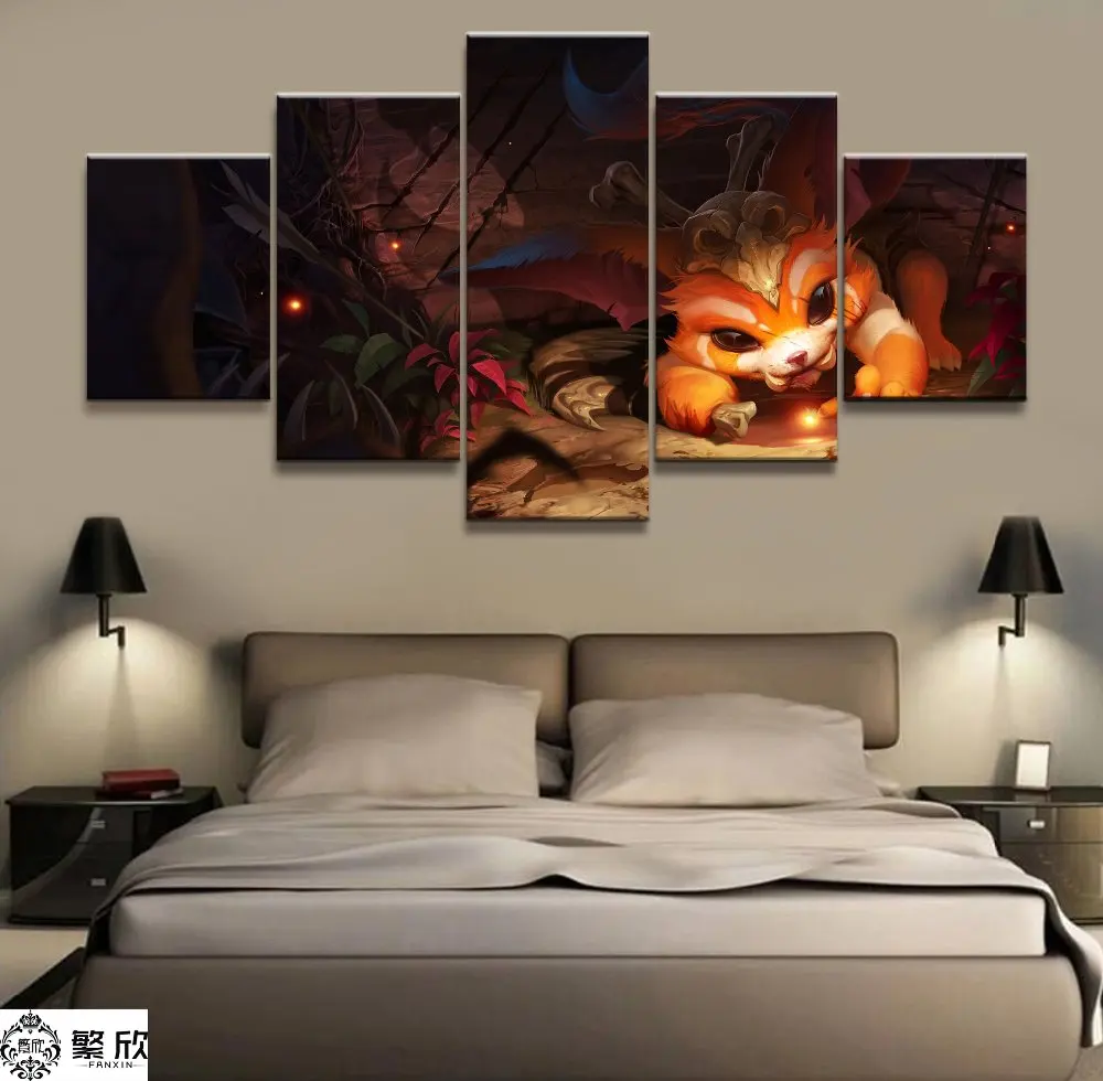 

5 Panel LOL League of Legends Gnar Game Canvas Printed Painting For Living Wall Art Home Decor HD Picture Artworks Poster