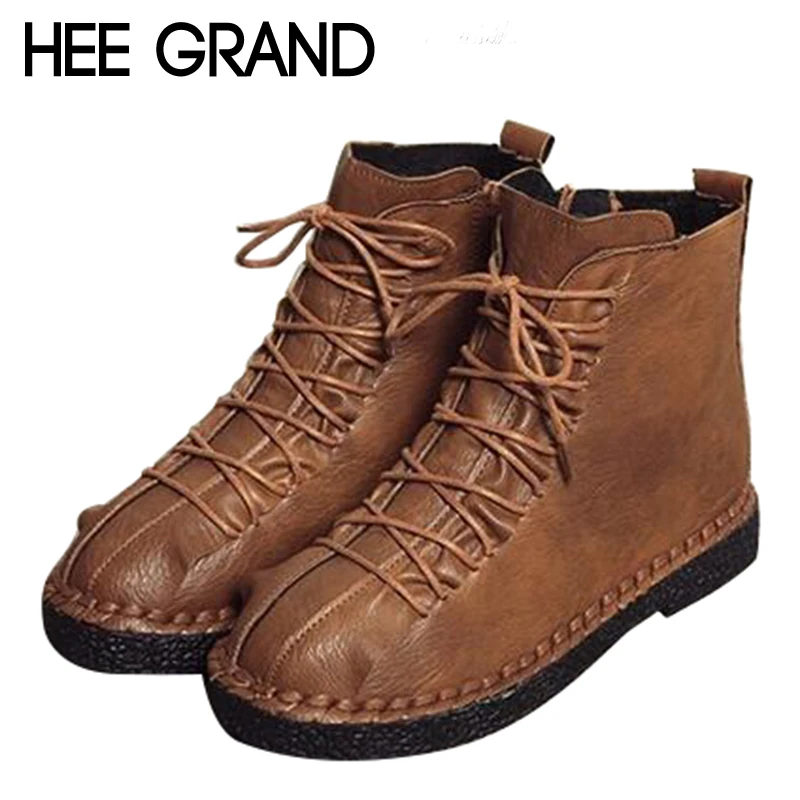 Goedkoop HEE GRAND Vrouwen Schoenen Lace up met Vrouw Winter Mode Laarzen Zachte PU Lederen Causale Vrouwen Hout Enkellaarsjes vrouwen XWX6672