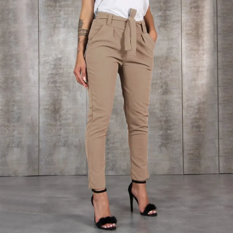 

Women Wild Summer Cotton Casual Stretch Sashes Trousers Elastic Mid Waist Ankle-Length Loose Straight Pencil Pants with Belt