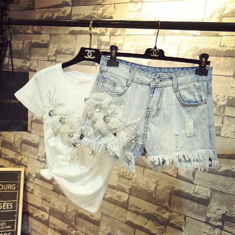 Новинка года; модная летняя футболка с короткими рукавами и объемными цветами для девочек+ джинсовые шорты двухслойные женские джинсовые комплекты с дырками и кисточками