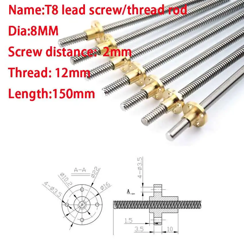 Length 150mm Lead Screw Dia 8MM Screw distance 2mm Thread 12mm