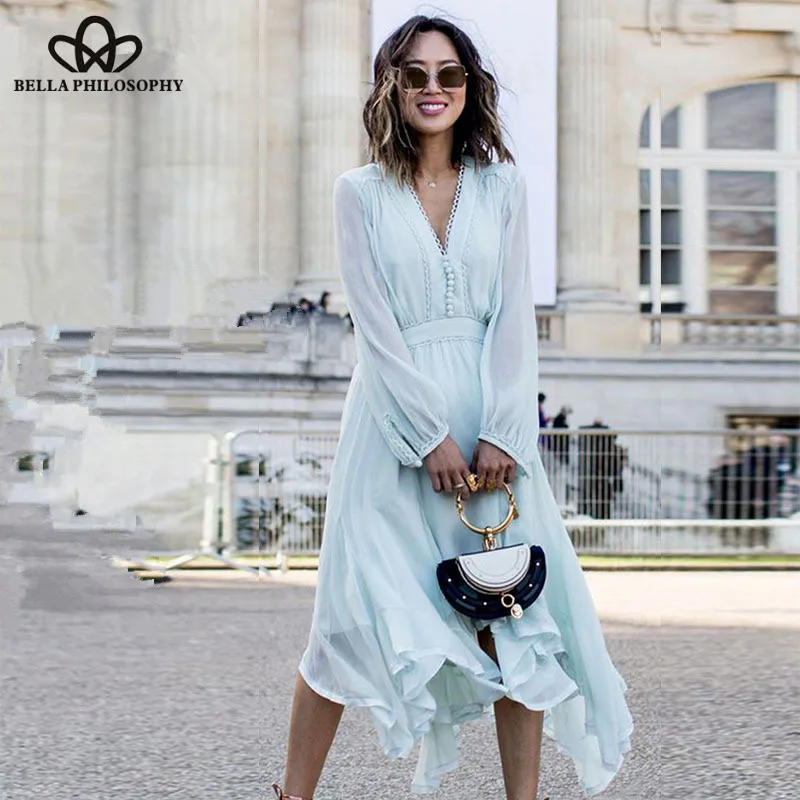 Wonder Spring V-Neck Sexy Dresses Vintage Loose Female Long sleeves Irregularity lantern sleeve stemperament long Dress 2019 new