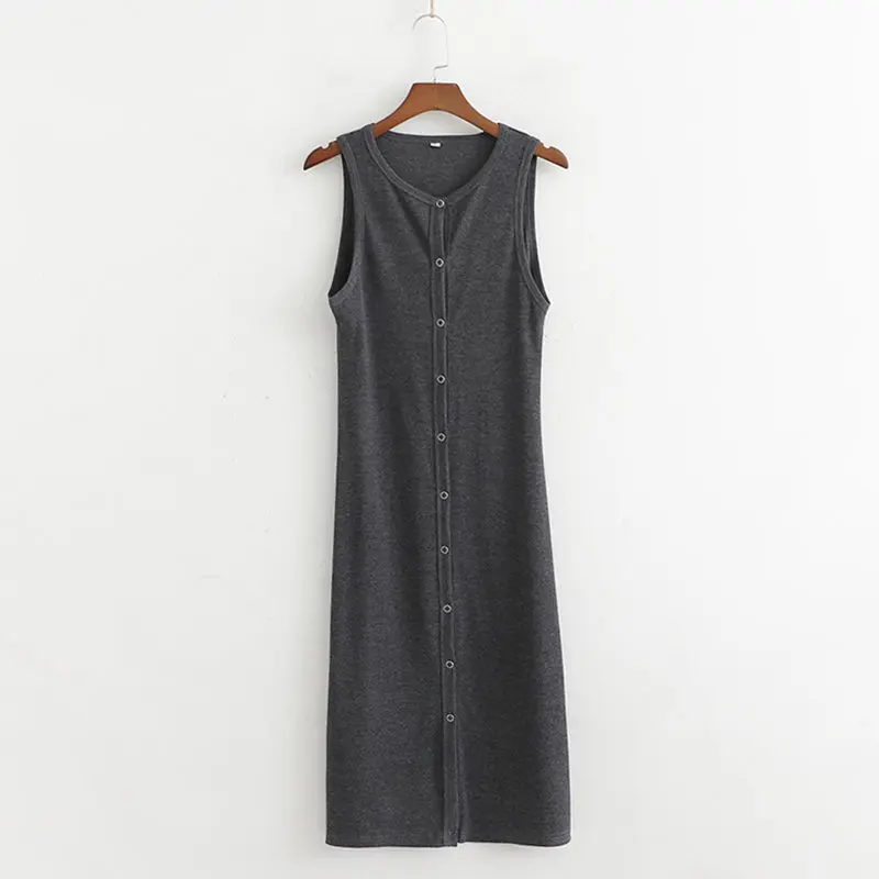

Summer Autumn dress women sleeveless Elastic knitted threaded cotton button slim lady sexy Casual fitted Midi dress vestidos